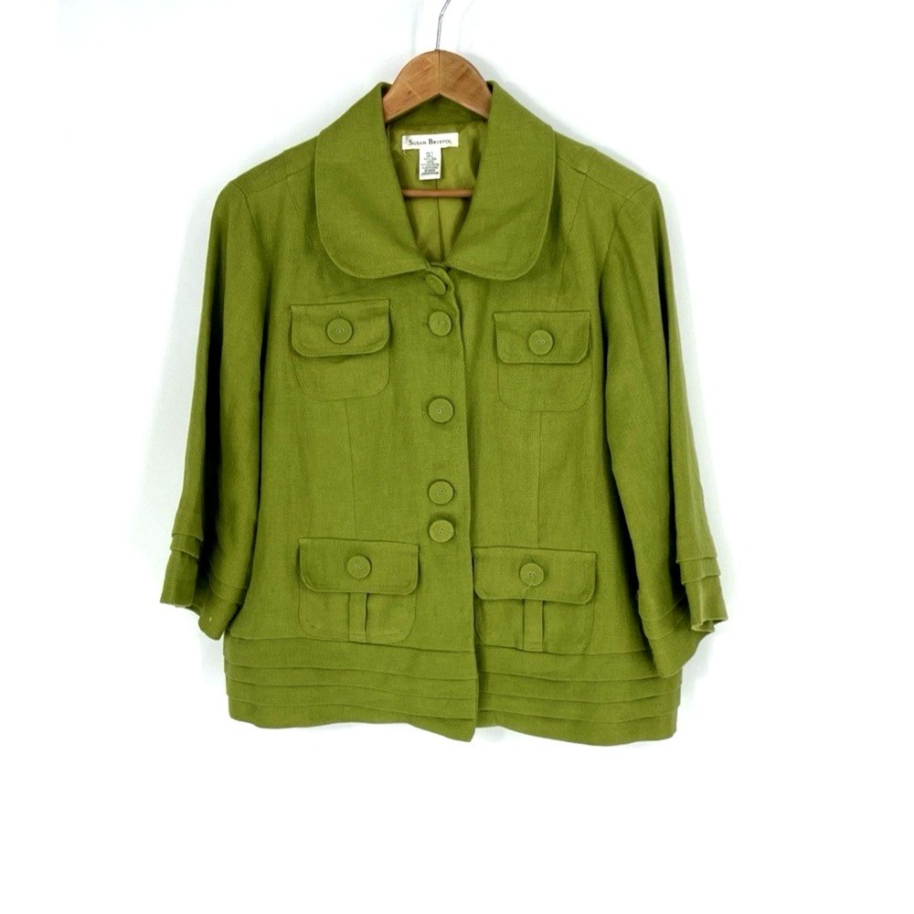 Susan Bristol 100% Linen Womens Large Green‎ Jacket Button Coat Pockets Lined